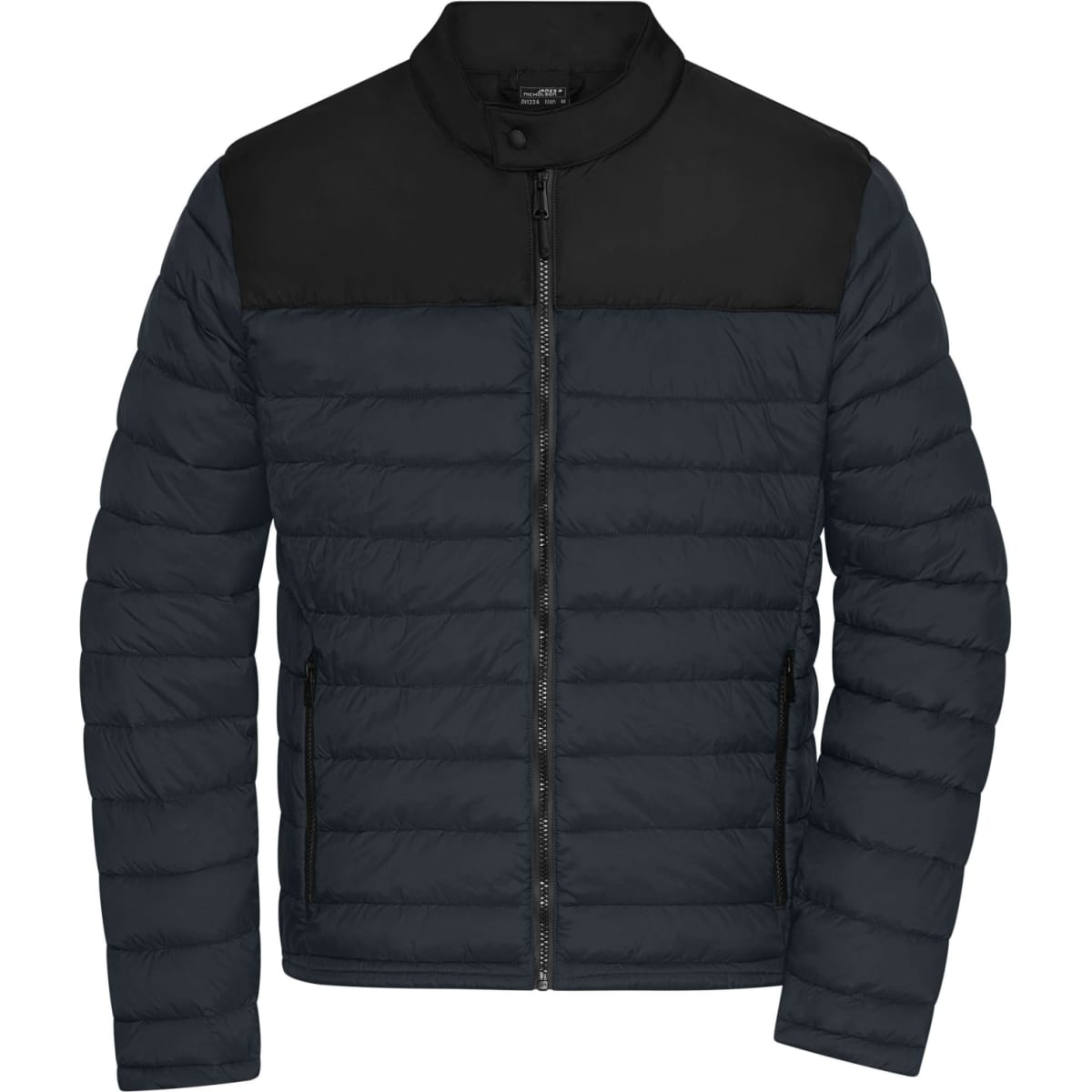 A men's padded jacket featuring a dark blue body and black shoulder panels, with a zip closure and collar.