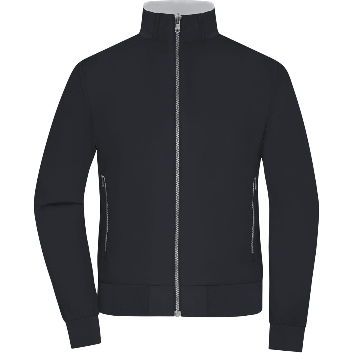 A black ladies' blouson jacket with a full front zipper and side pockets. Features a high collar and long sleeves.