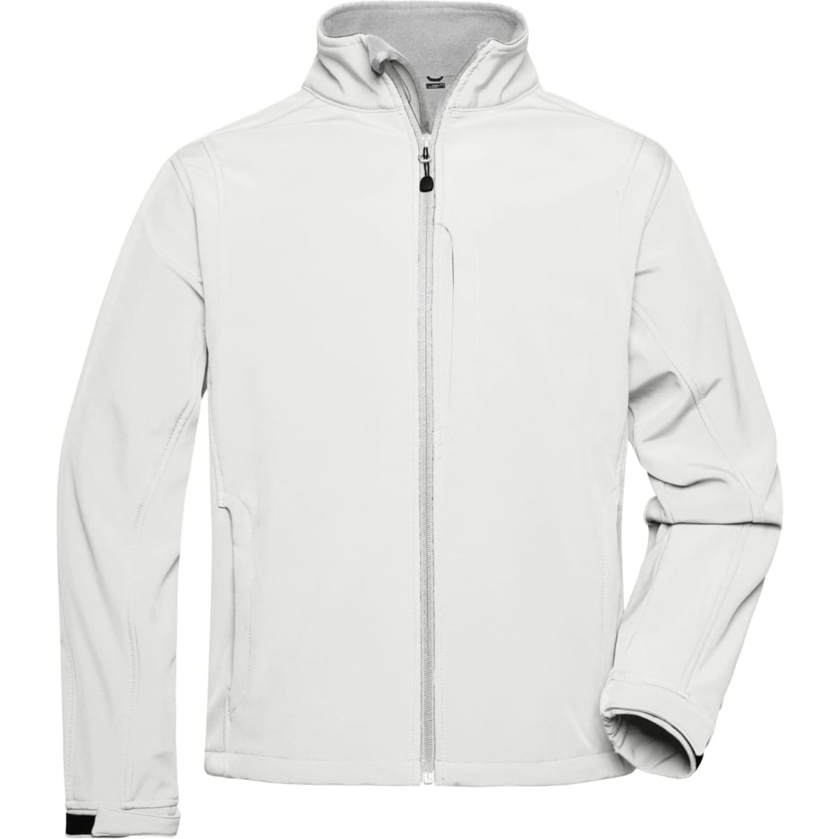 A white softshell jacket with a zip front and a high collar. It features pockets and has a logo on it.
