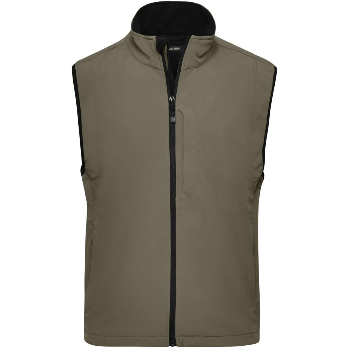 A men's softshell vest in olive green, featuring a front zip and a collar, with a small logo.