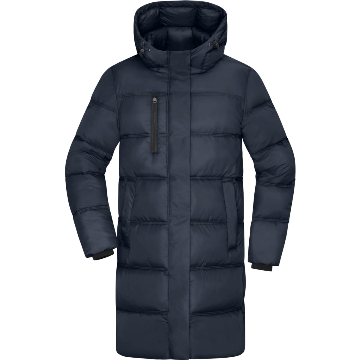 A navy blue ladies winter long coat featuring a hood, zippered pockets, and a puffy design. It has a logo on it.