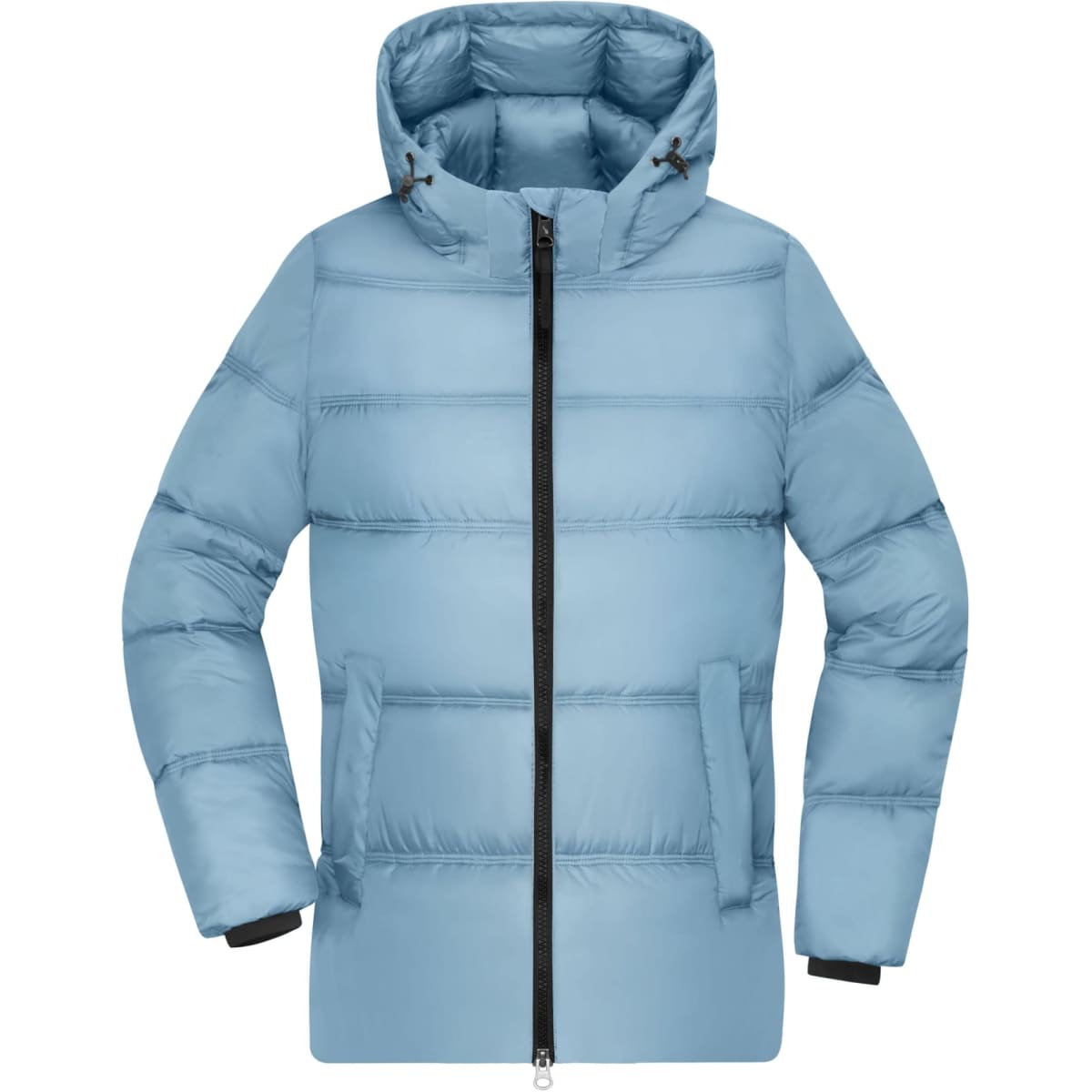 A light blue ladies winter jacket with a hood, featuring a zip front and puffer style. It has a branding logo.