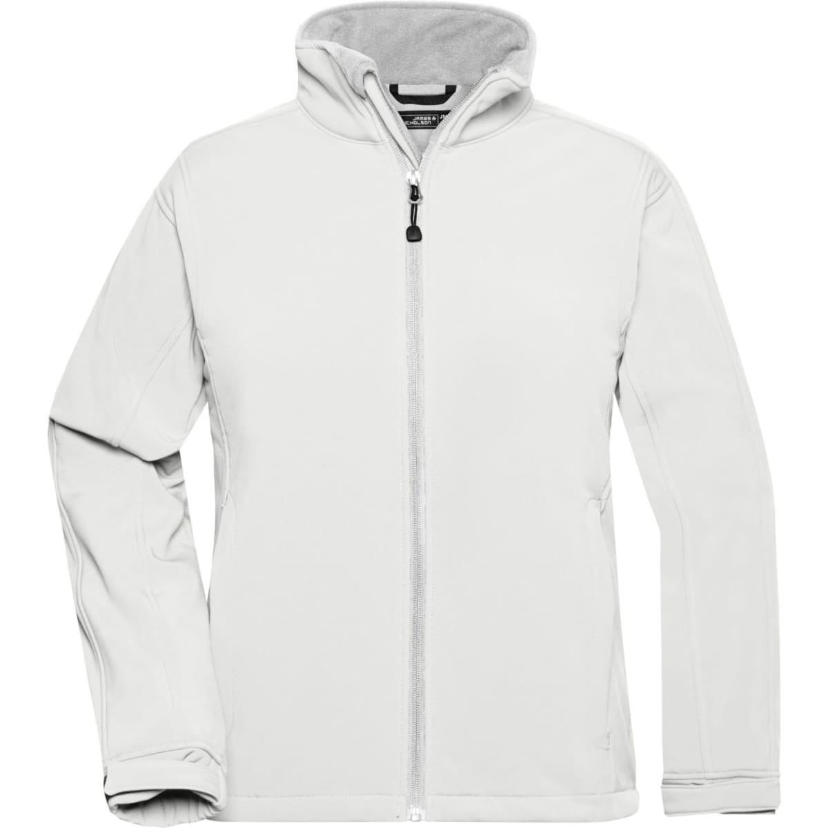 A softshell jacket in white with a zip front and hood, featuring long sleeves and a logo on the chest.