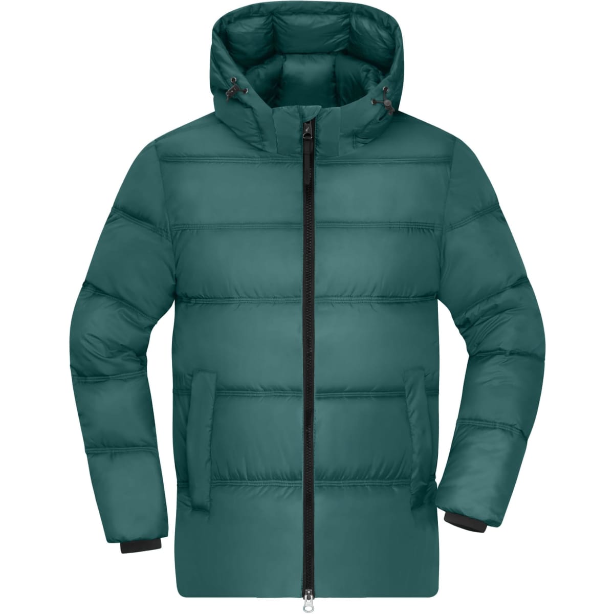 A teal men's winter jacket with a hood, featuring a zip front and quilted design. It has a logo on the chest.