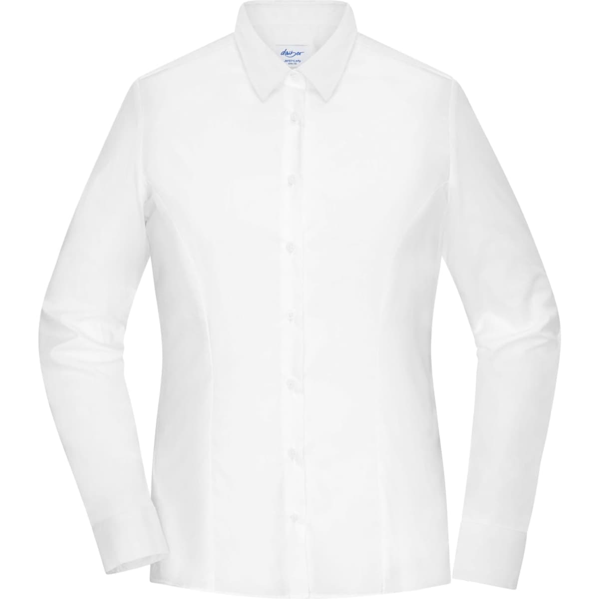 A ladies' shirt in white with long sleeves and a button-up front. It features a collar and has a logo on the label.