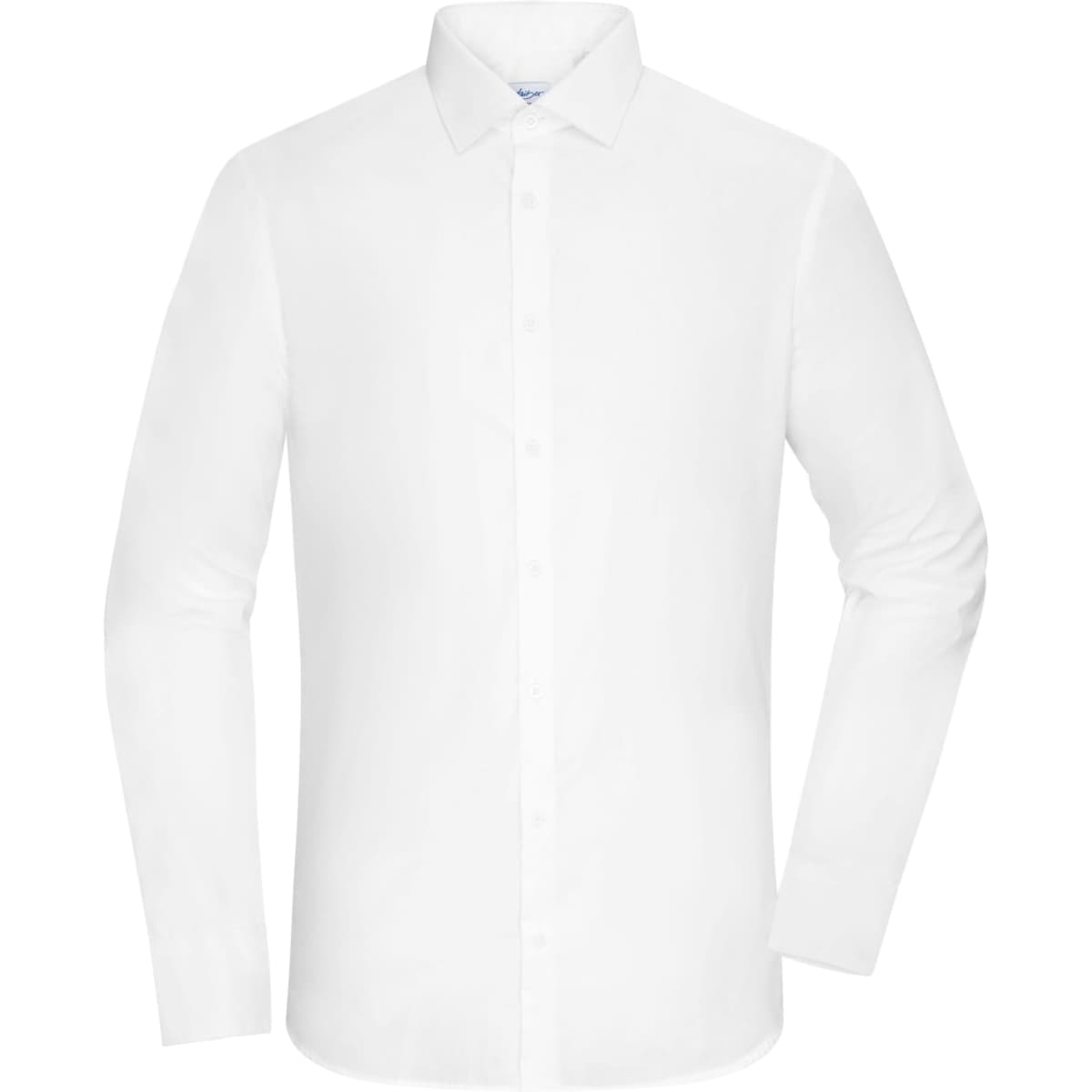 A white men's shirt with long sleeves and a button-up front, featuring a classic collar.