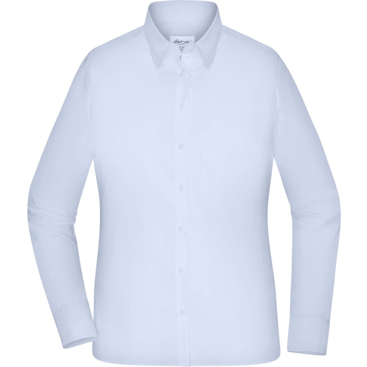 A long-sleeved white ladies shirt with a collar and buttons, featuring a logo on the label.
