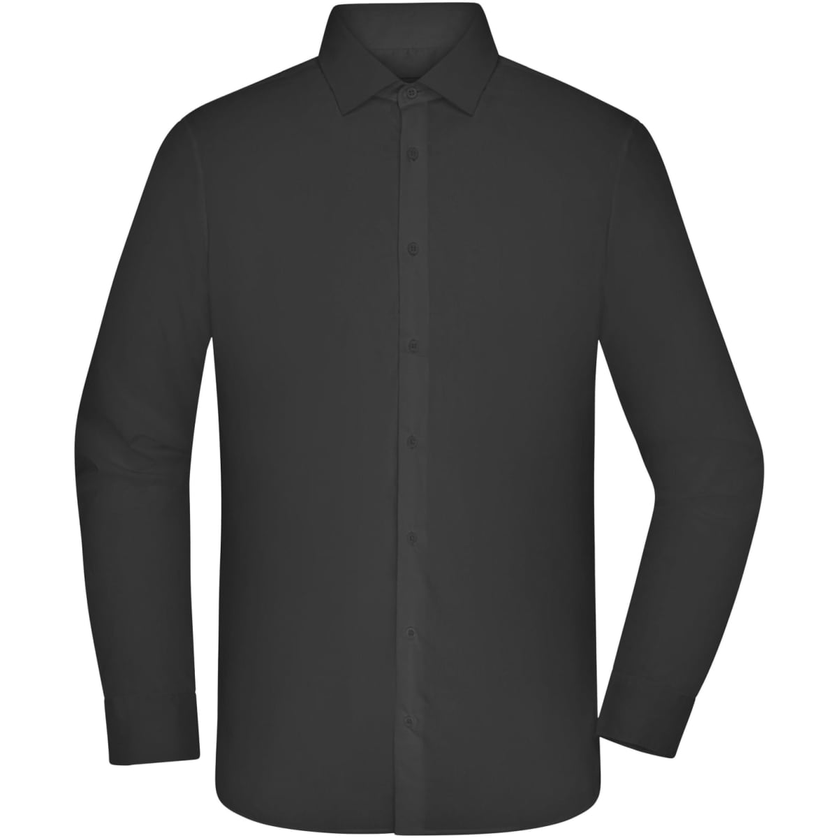 A men's long-sleeve shirt in solid black, featuring a button-up front and a classic collar. It includes a logo.