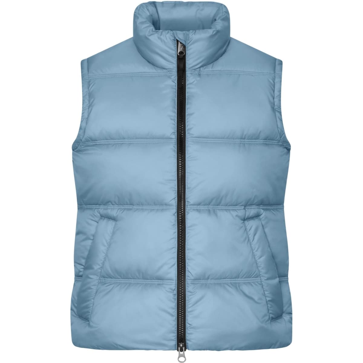 A light blue puffer vest with a high collar and zip closure, featuring front pockets and a branding logo.