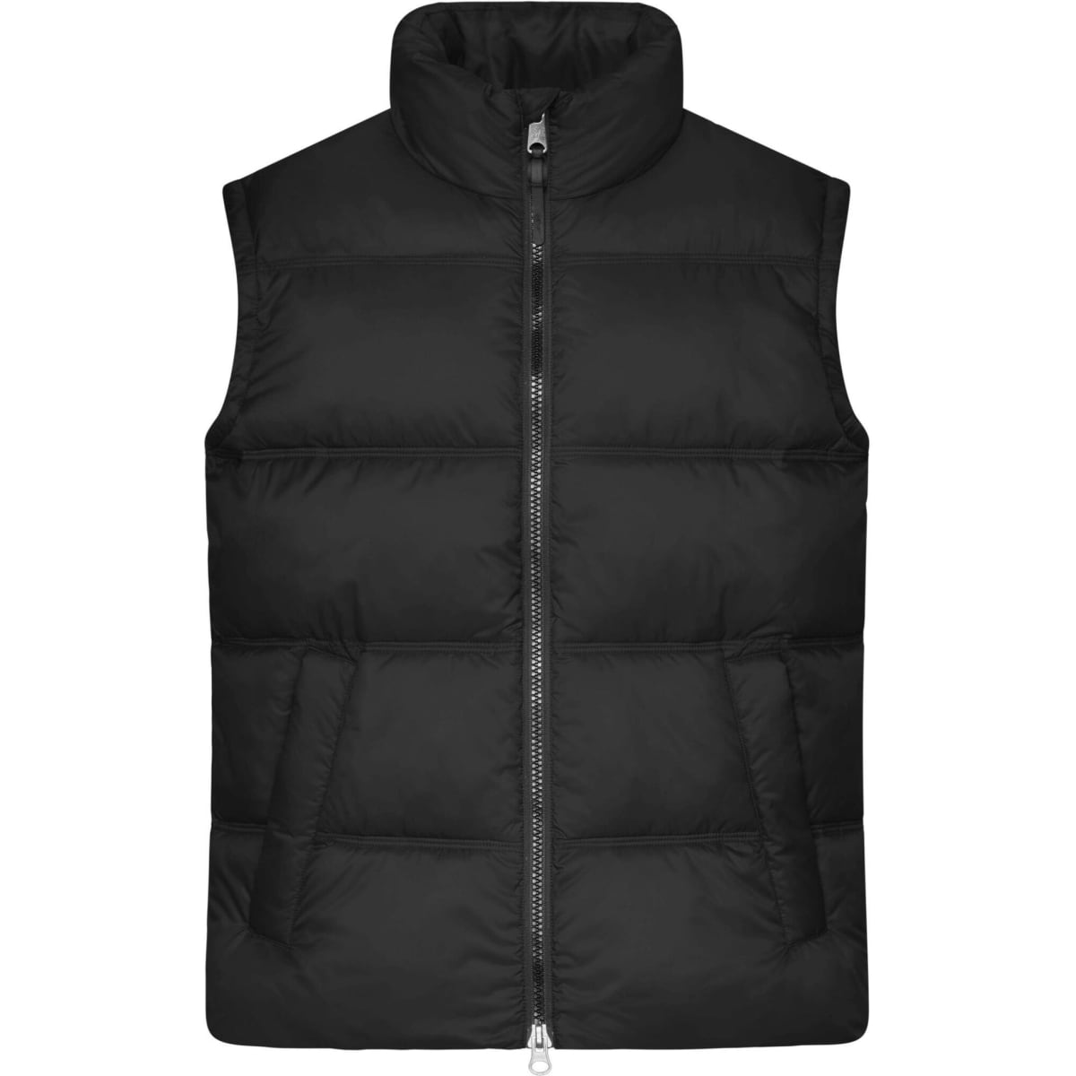 A black puffer vest with a high collar, featuring a front zip and two pockets. It has a logo on the side.
