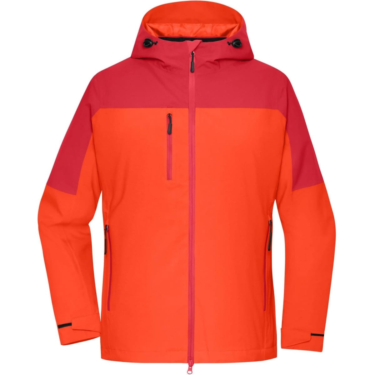 A vibrant orange and pink ladies' 3-in-1 jacket with a hood and multiple pockets. It features a logo on the front.