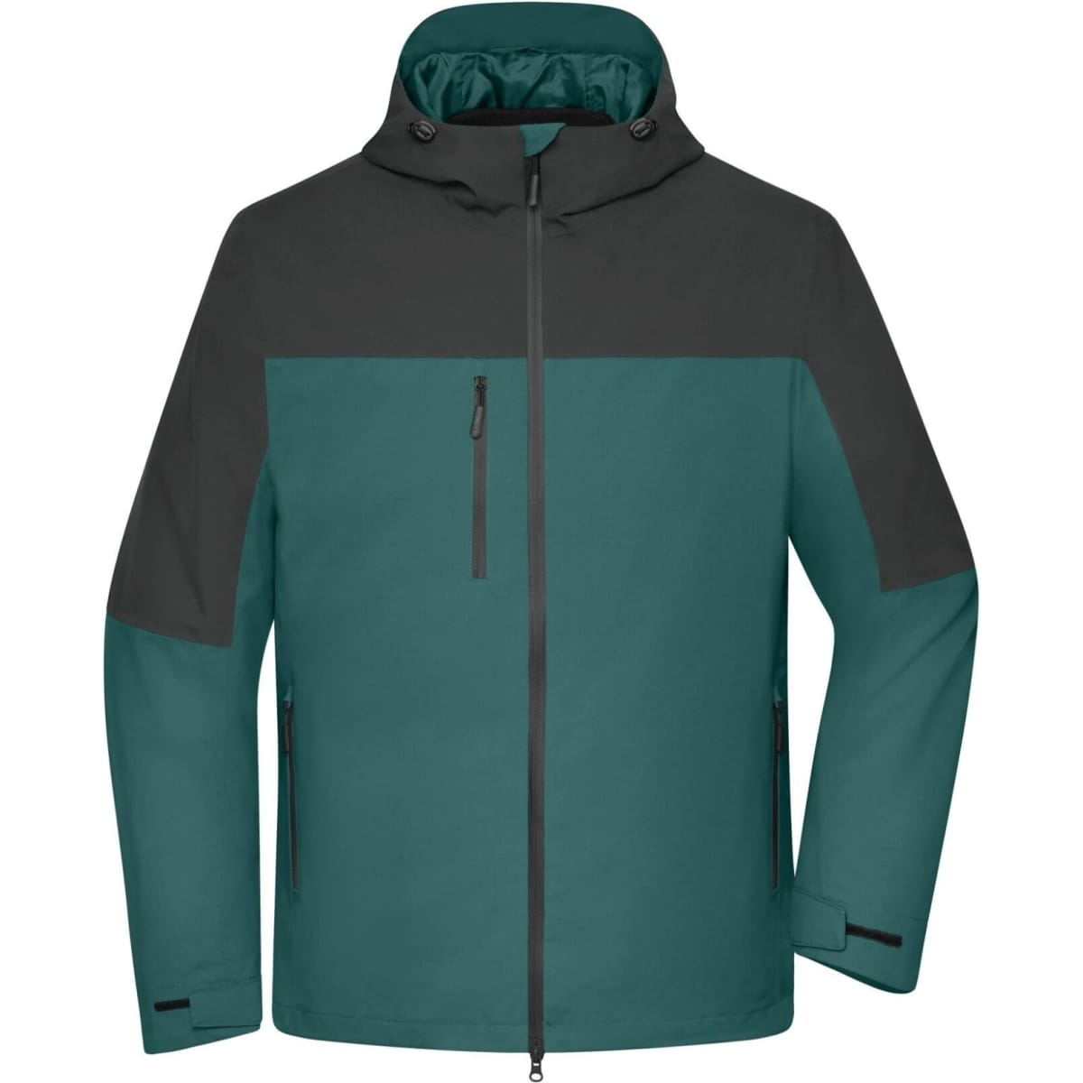 A teal and dark grey men's jacket featuring a hood, zippered front, and pockets. It has a logo on the design.