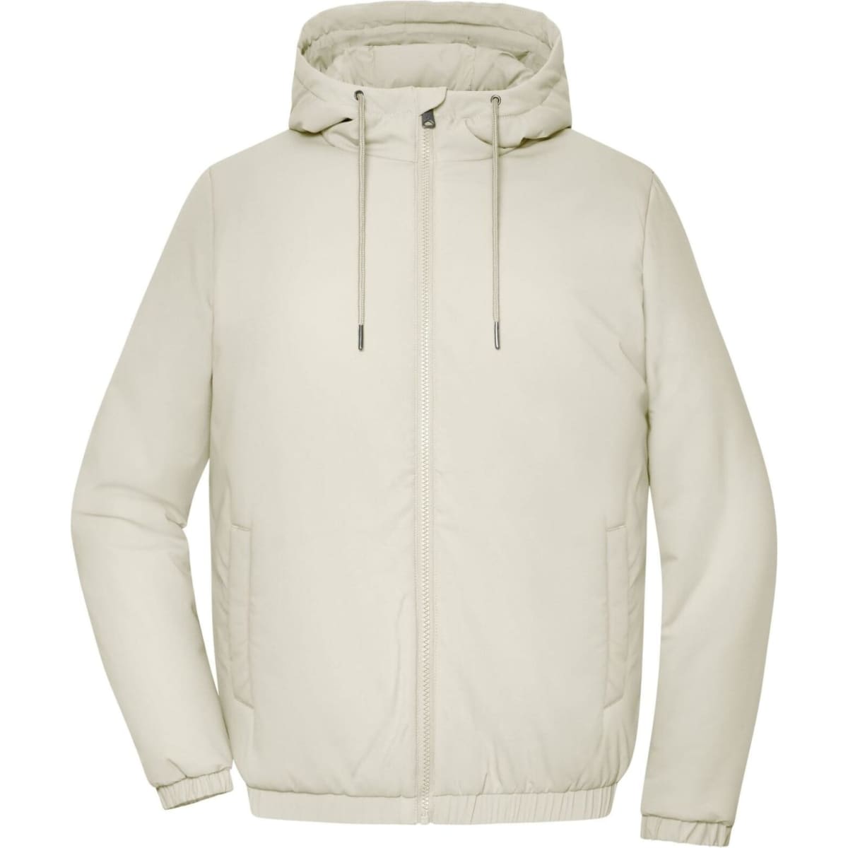 A light beige ladies bomber jacket with a hood, featuring a zip front and side pockets. It has a logo on the chest.