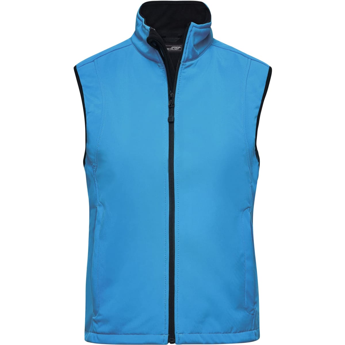A blue ladies softshell vest with a high collar and front zip, featuring a black interior and branding.