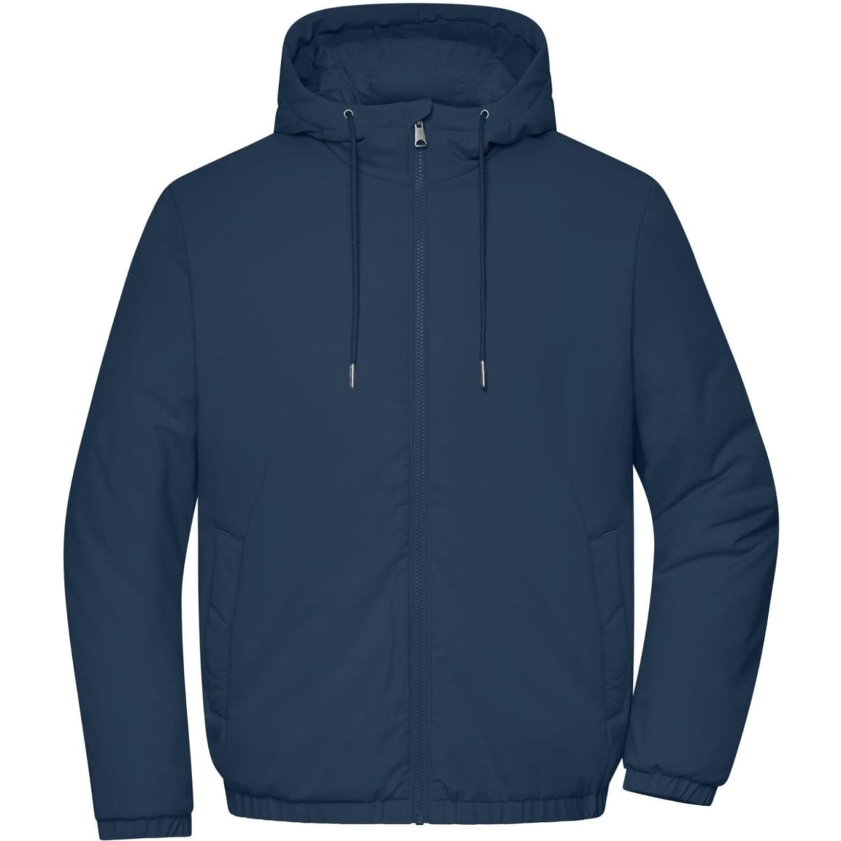 A navy men's bomber jacket with a hood and zip closure, featuring pockets and a sleek design.