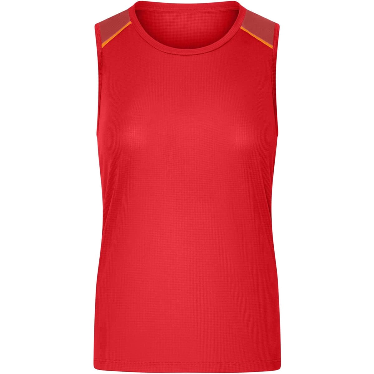 A red ladies running tank with a sleeveless design and contrasting shoulder accents. It features a logo.