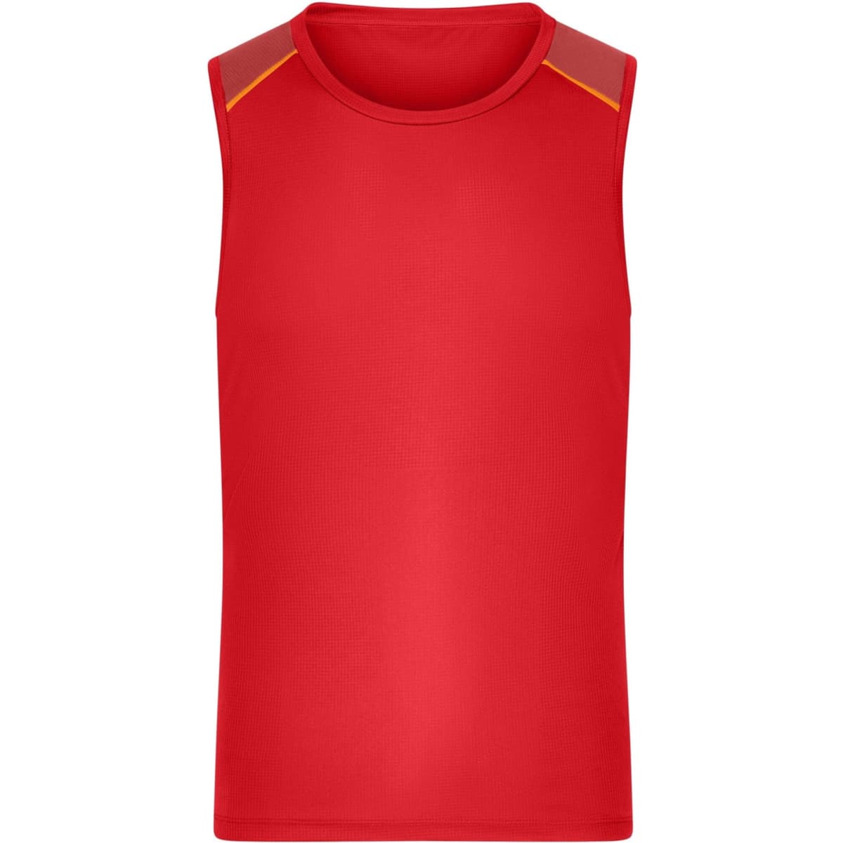 A red men's running tank top with sleeveless design and contrasting shoulder accents. Features a logo.