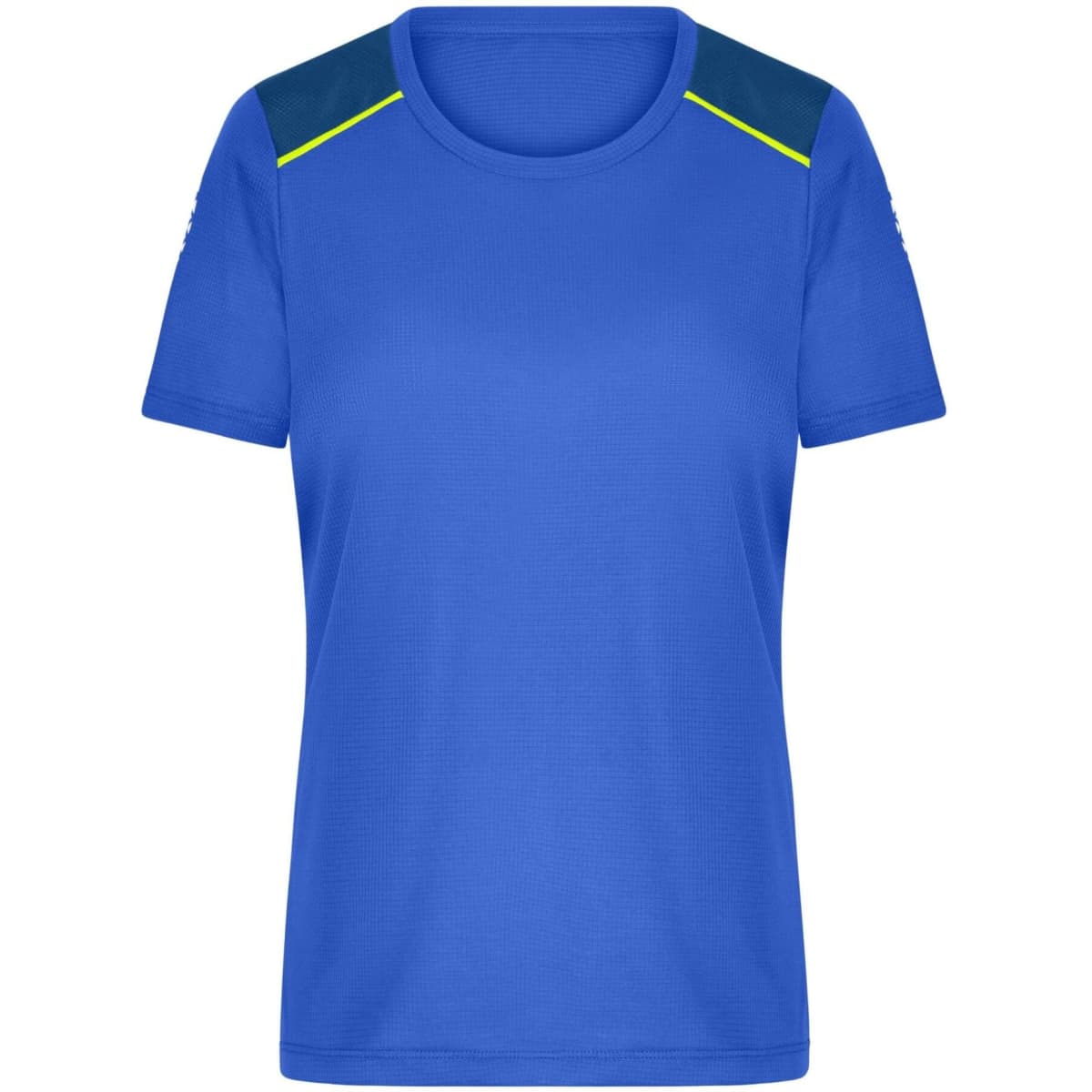 A ladies running T-shirt in vibrant blue with dark blue and neon accents on the shoulders. Features a logo.