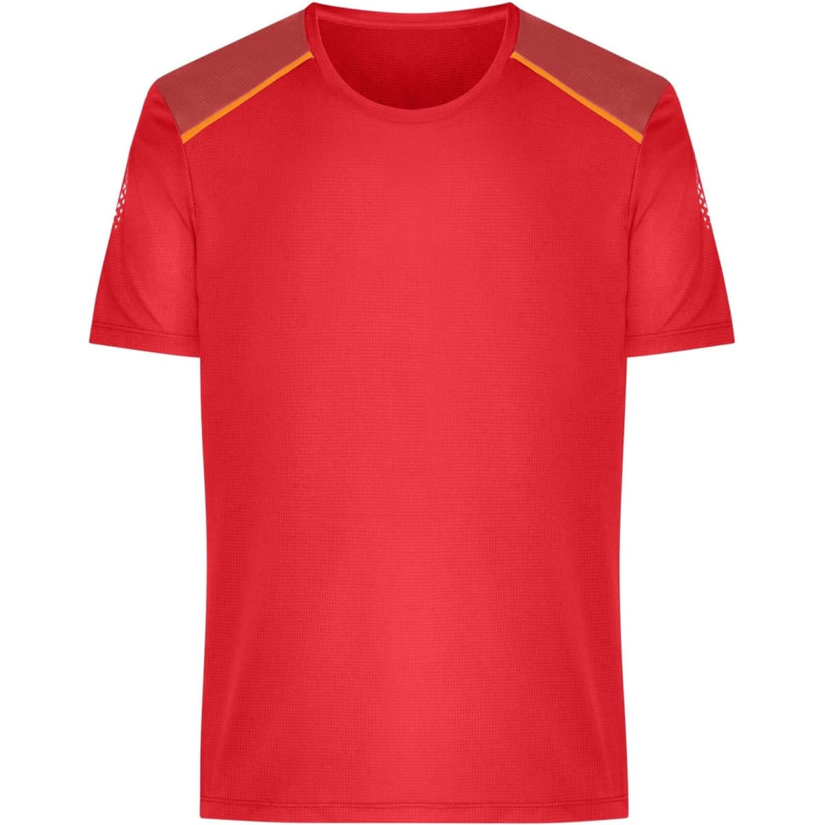 A red men's running T-shirt with contrasting shoulder panels and a logo on one sleeve.