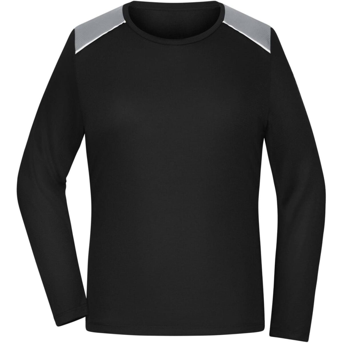 A long-sleeve black running shirt with grey accents on the shoulders and a logo on the front.