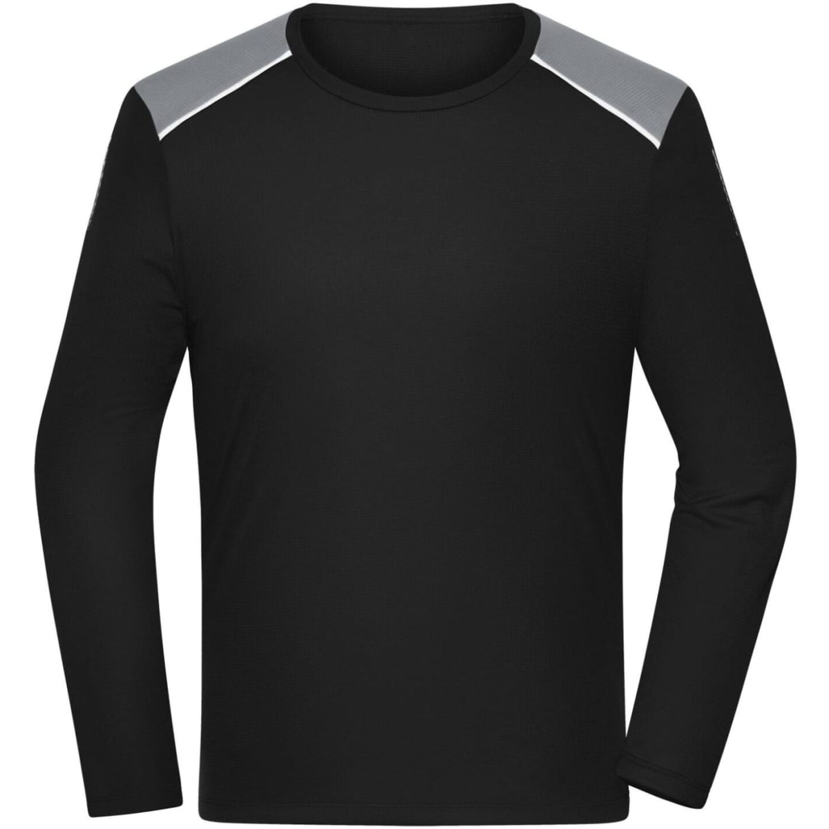 A long-sleeve men's running shirt in black with grey accents on the shoulders. Features a logo on the design.