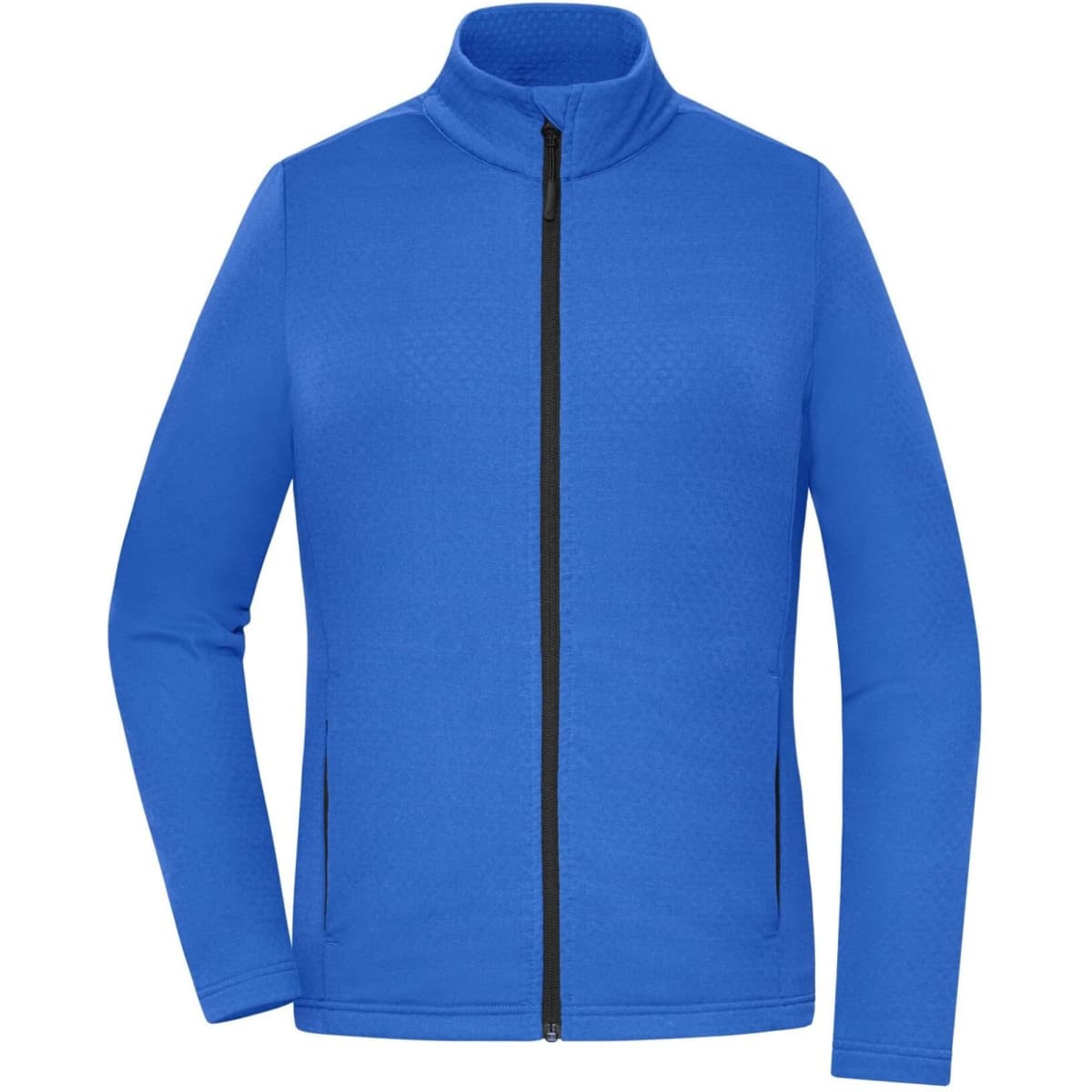 A blue structured fleece jacket with a zip front and black detailing, featuring pockets and a stand-up collar.