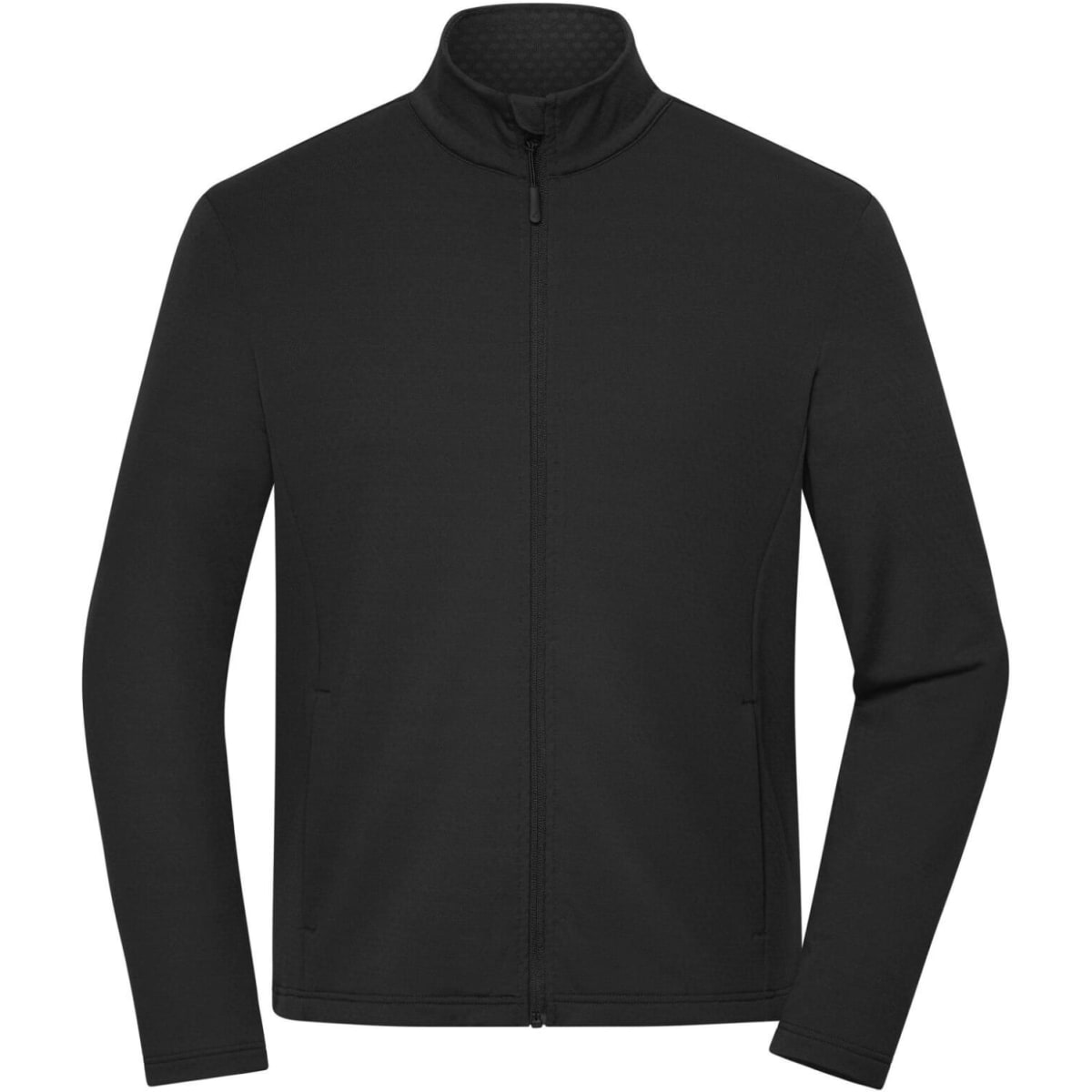 A men's structured fleece jacket in black with a high collar and full zip, featuring a logo on the side.