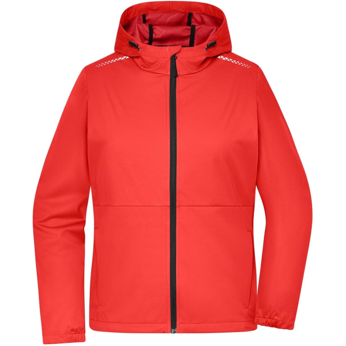 A red ladies' softshell jacket with a hood and a zip closure, featuring a logo on the front.