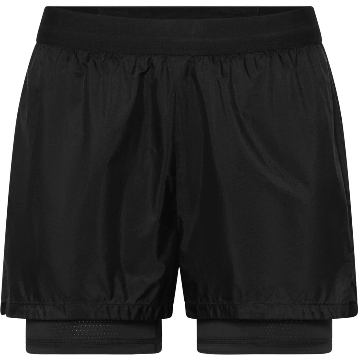 Black ladies' running shorts featuring an inner layer and an elastic waistband. Includes a logo.