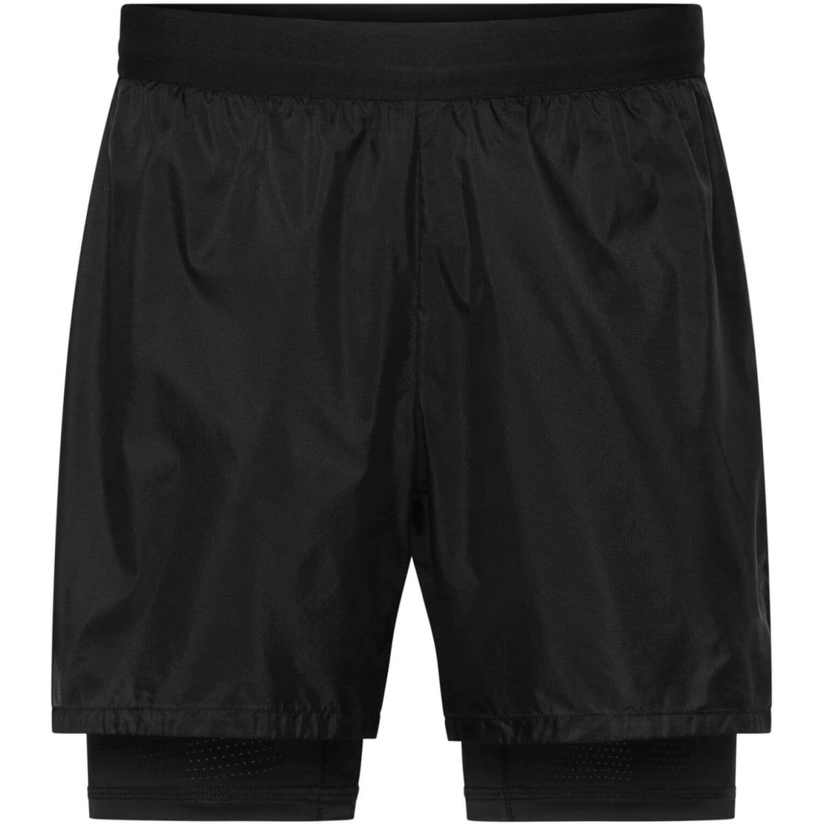 Black men's running shorts featuring an inner layer and an elastic waistband. Includes a branding logo.
