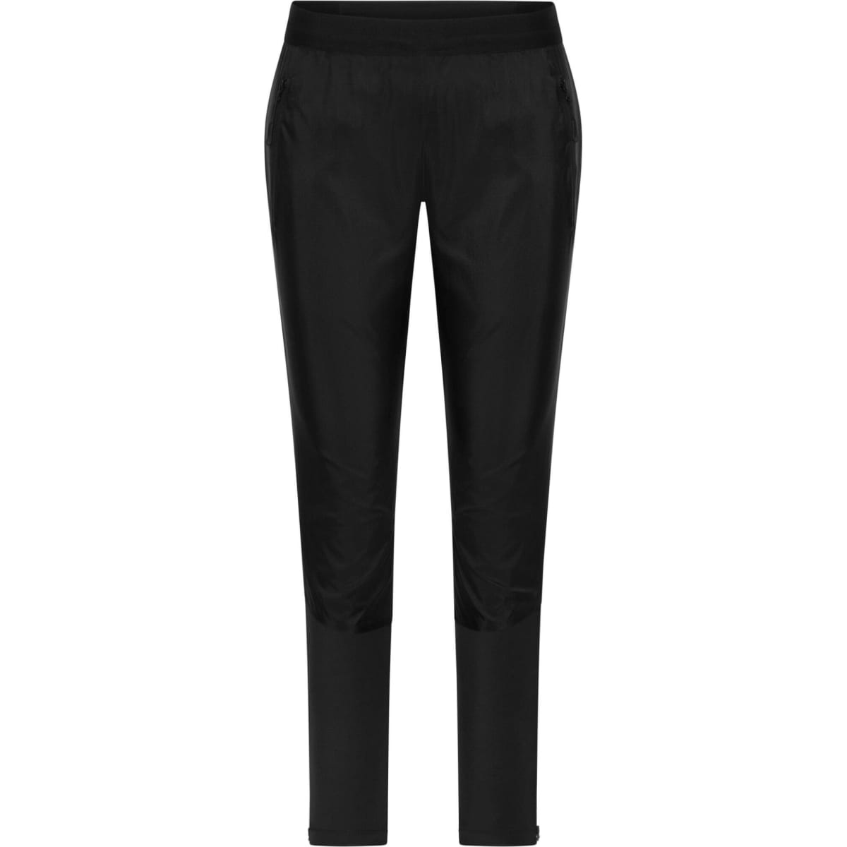 A pair of black ladies' running pants with a fitted design, featuring a waistband and a logo.