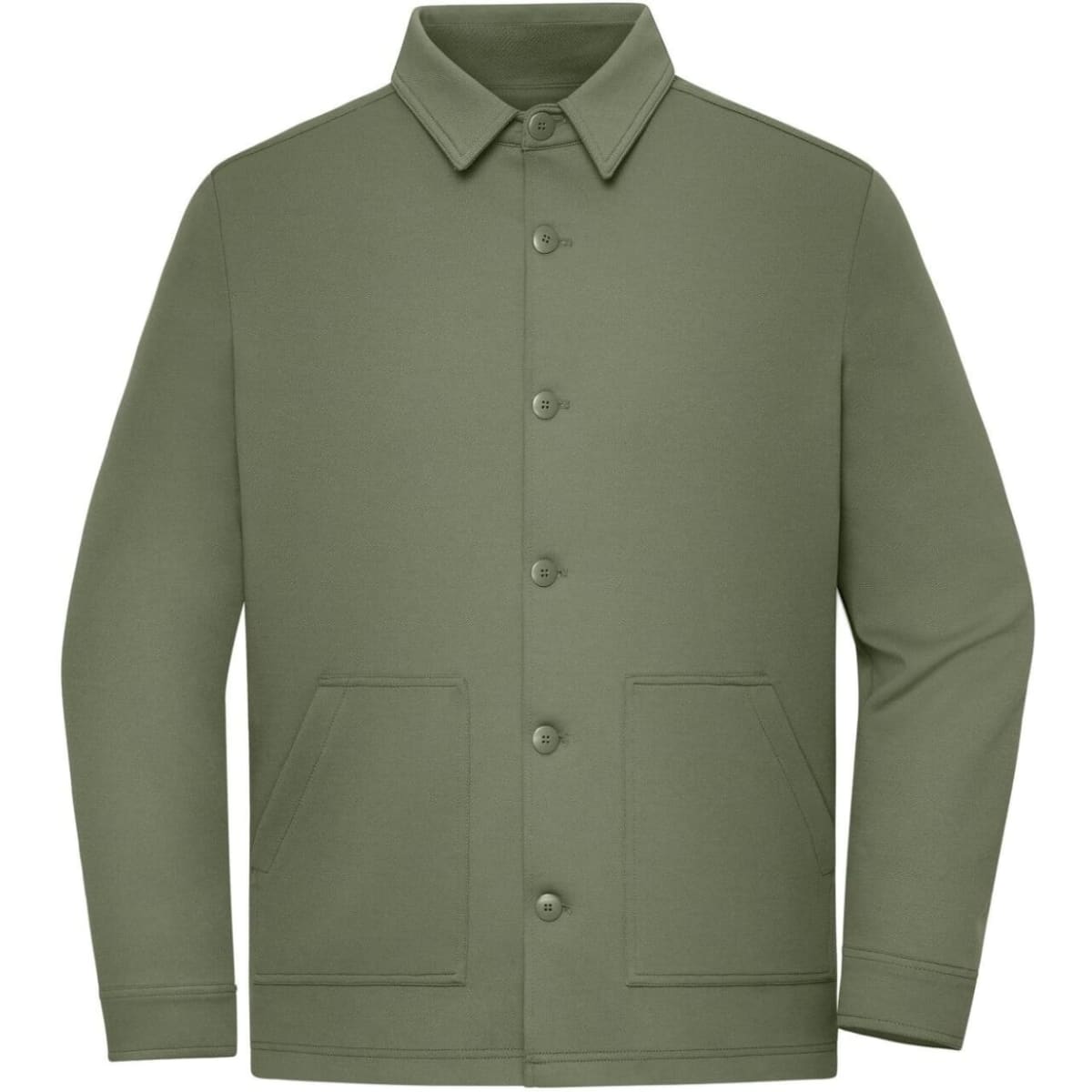 A unisex shirt jacket in olive green with a button front and two side pockets. Features a logo on the chest.