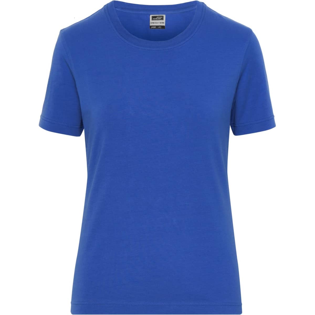 A blue ladies' t-shirt with a round neckline and short sleeves. It features a logo on the label.