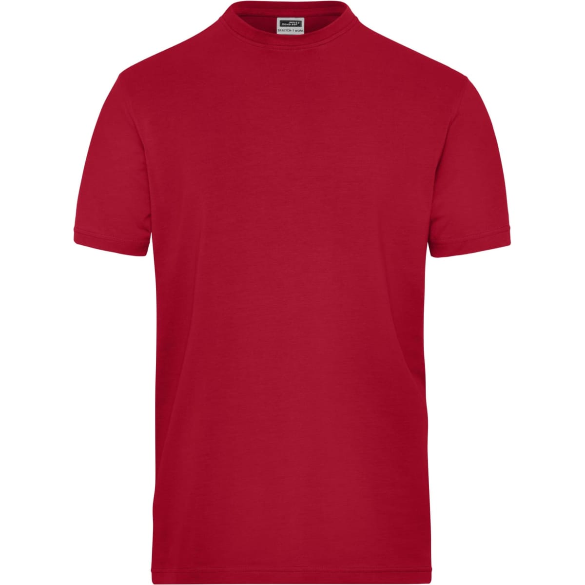 A red short-sleeved T-shirt with a round neckline and a logo. Suitable for workwear and casual wear.