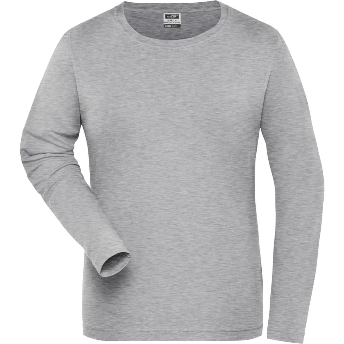 A grey long-sleeve shirt made from BIO stretch fabric, featuring a round neckline and a logo tag.