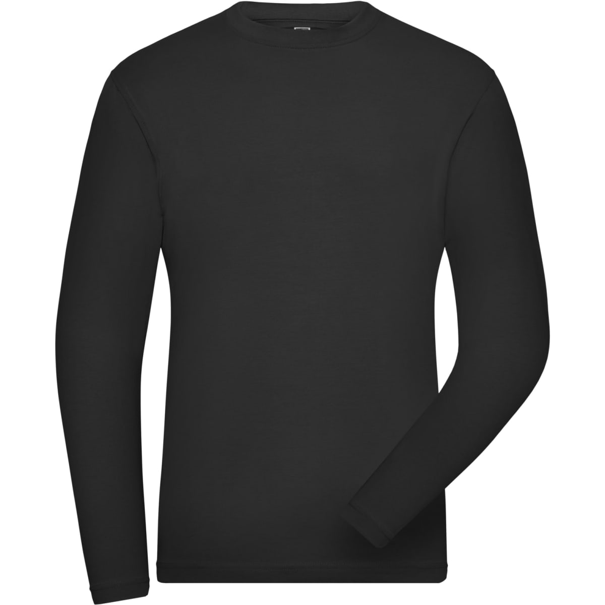 A black long-sleeve t-shirt with a round neckline and a logo. Suitable for casual wear.