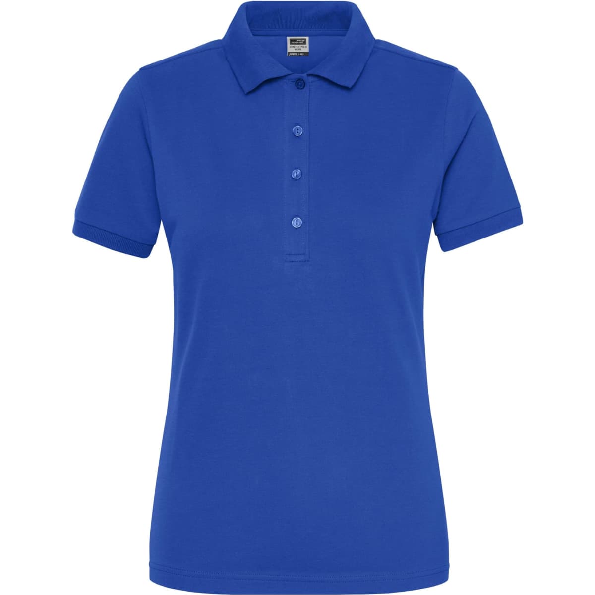 A blue ladies' BIO stretch polo shirt with a collared neckline and buttons, featuring a logo.