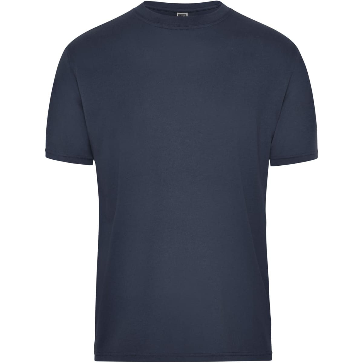 A navy blue men's workwear T-shirt featuring a simple design and a logo on the label.