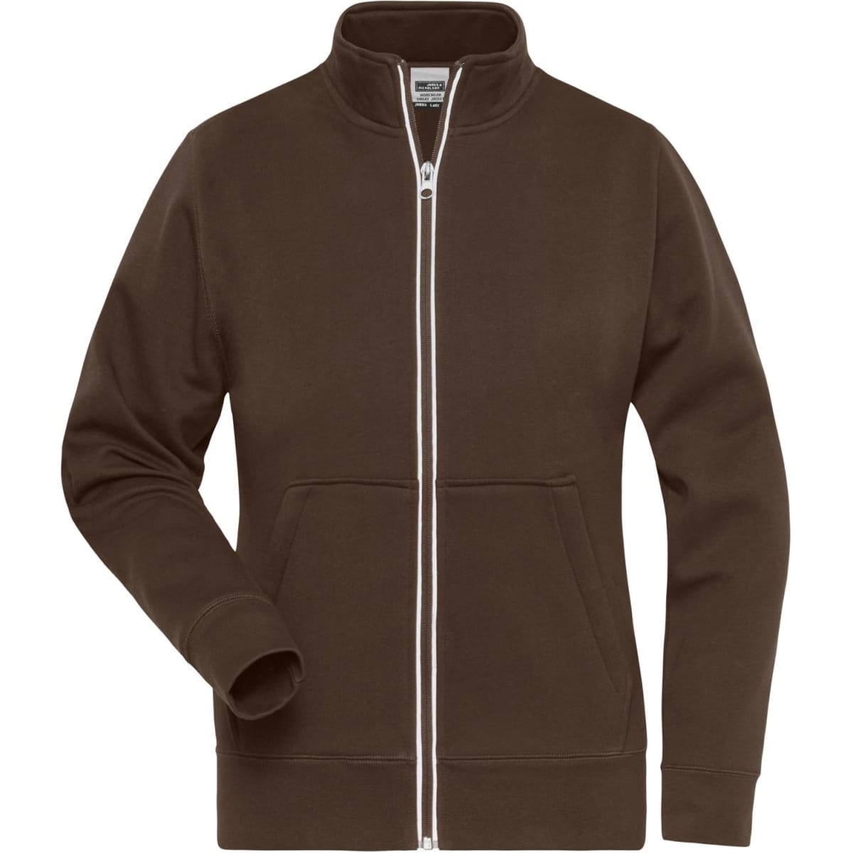 A brown zip-up jacket with a high collar and front pockets, featuring a logo on the chest.