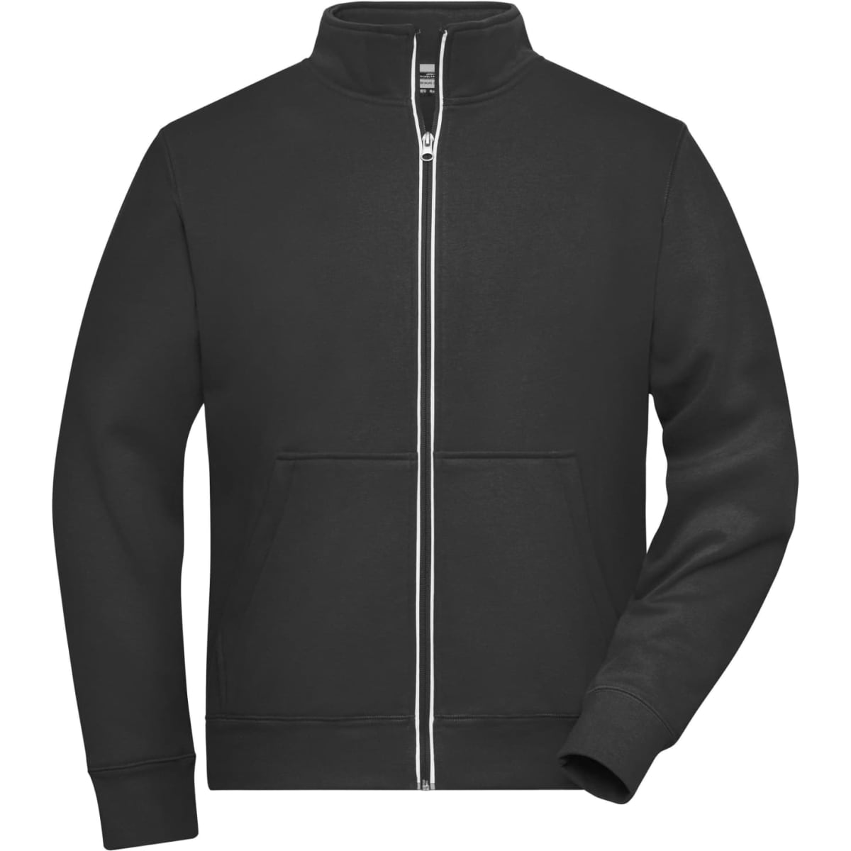A black men's doubleface jacket with a front zip and pockets, featuring a logo on the chest.