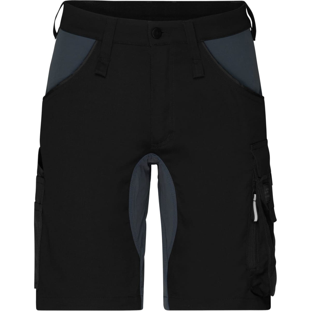A pair of black work shorts with dark grey panels and multiple pockets, featuring a logo on the waistband.