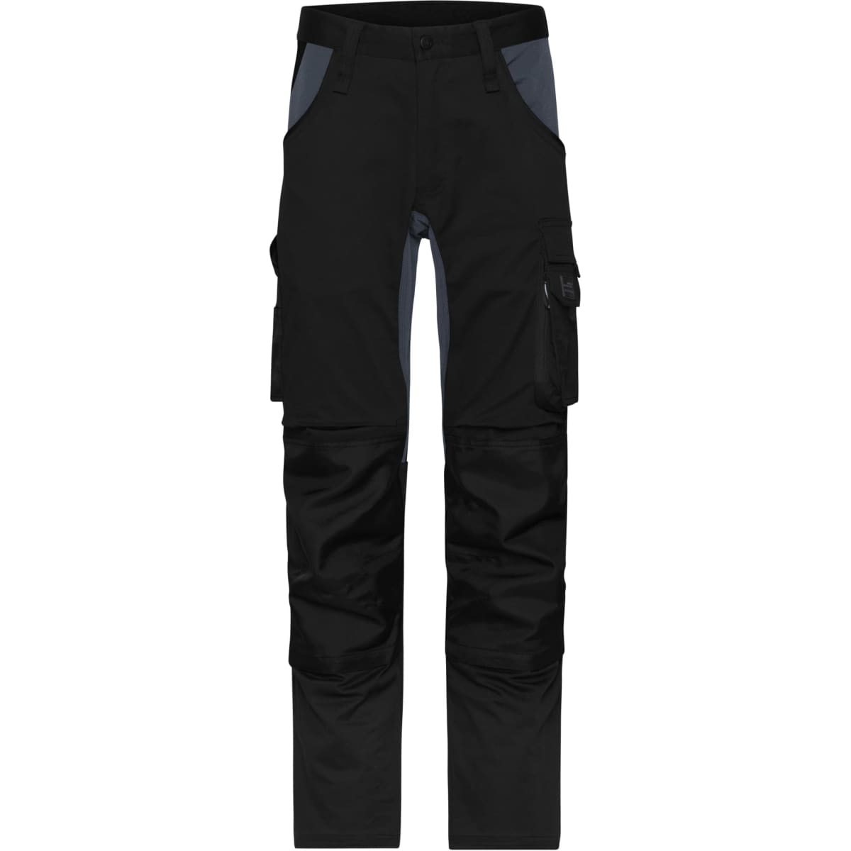 Black work pants with grey accents, featuring multiple pockets and a logo. Suitable for workwear applications.