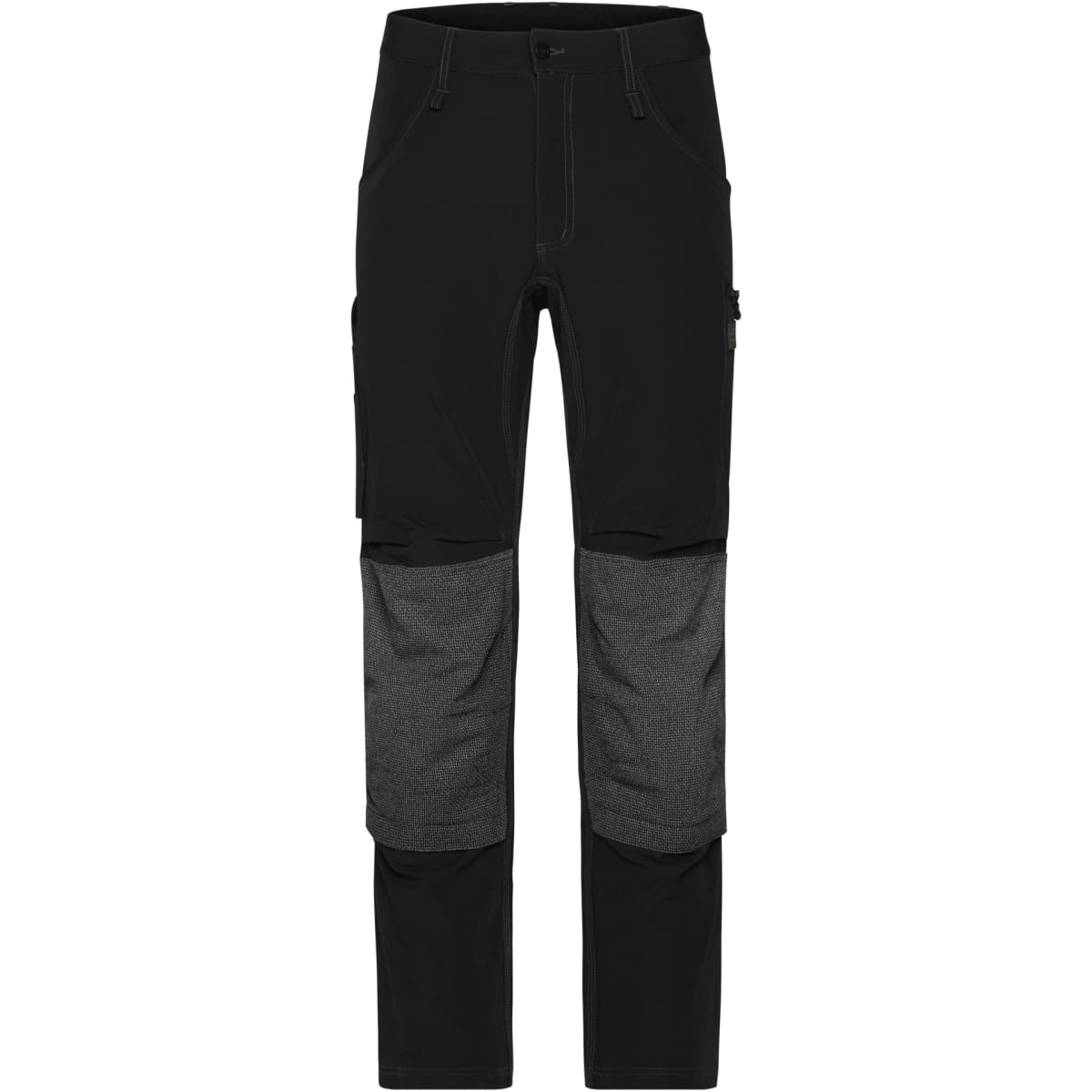 Black work pants featuring 4-way stretch fabric with grey accents and multiple pockets. Includes a logo.