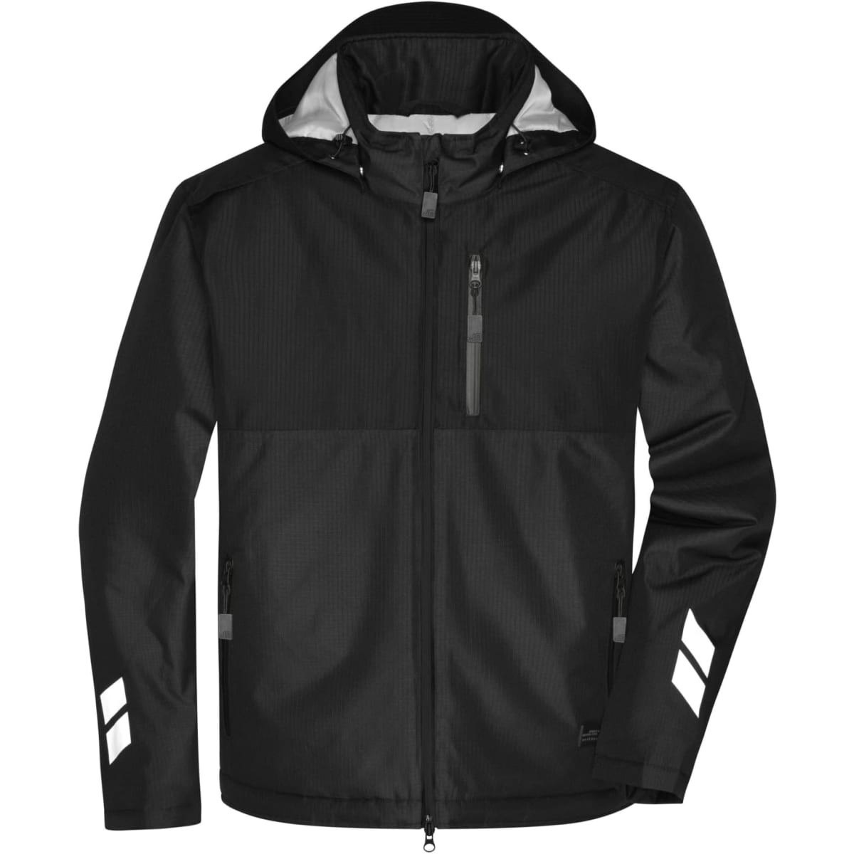 A padded hardshell workwear jacket in black, featuring a hood and reflective detailing. Includes zippered pockets and branding.