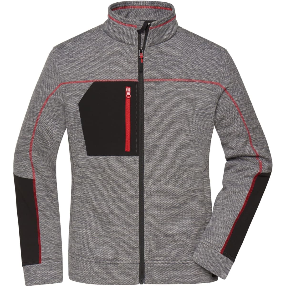 A grey polar fleece jacket featuring contrasting black accents and a zippered chest pocket. It has a logo on it.