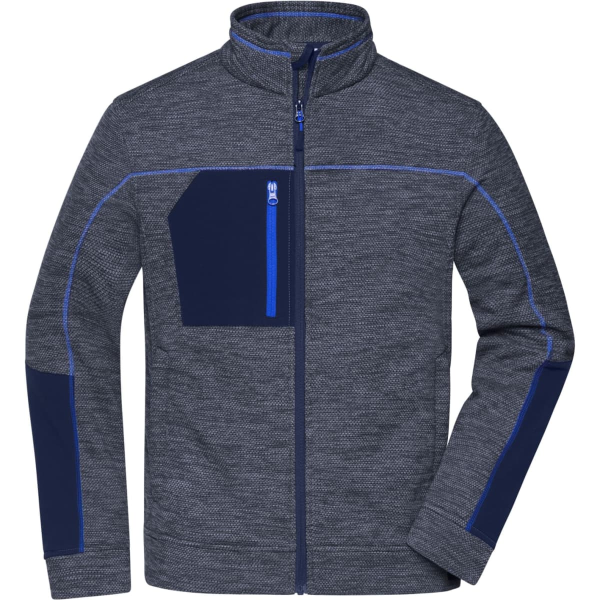 A mens polar fleece jacket in grey with blue accents and a zippered chest pocket, featuring a standing collar.