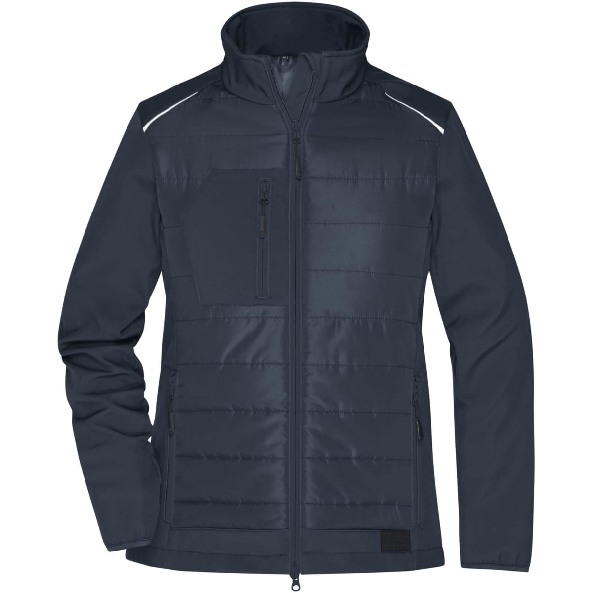 A navy blue soft shell jacket featuring a zip front, a chest pocket, and a logo on the sleeve.