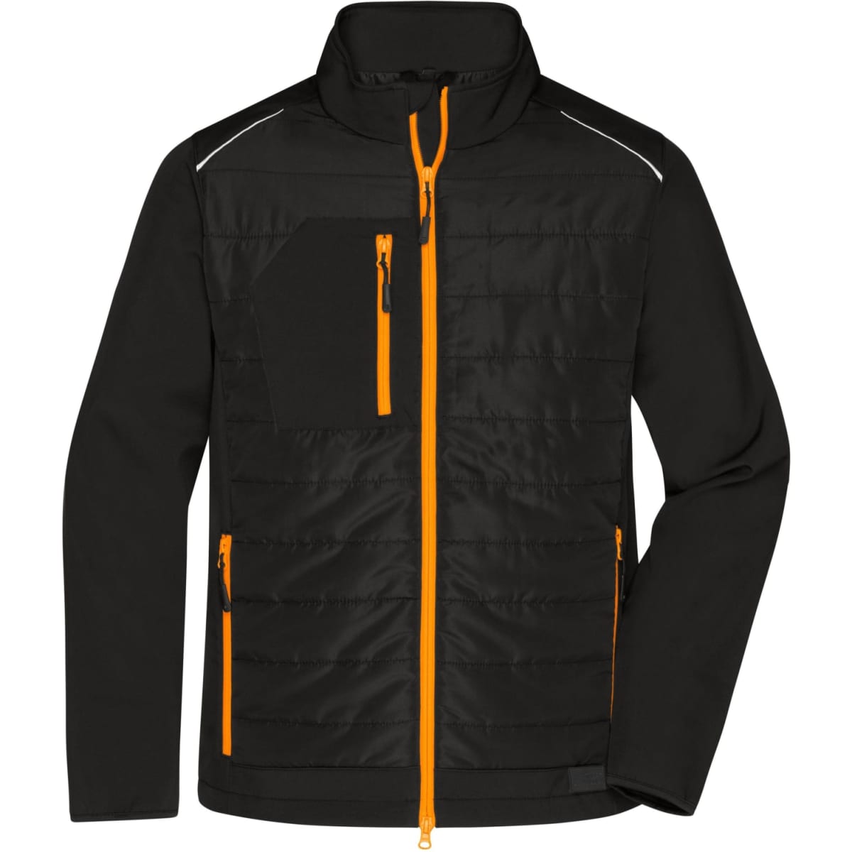A men's soft shell hybrid jacket in black with bright orange zip accents and logos.