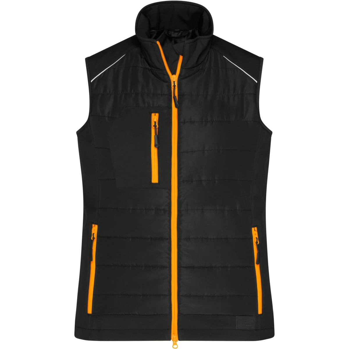 A black vest with a high collar and orange zippers, featuring multiple pockets and reflective detailing.