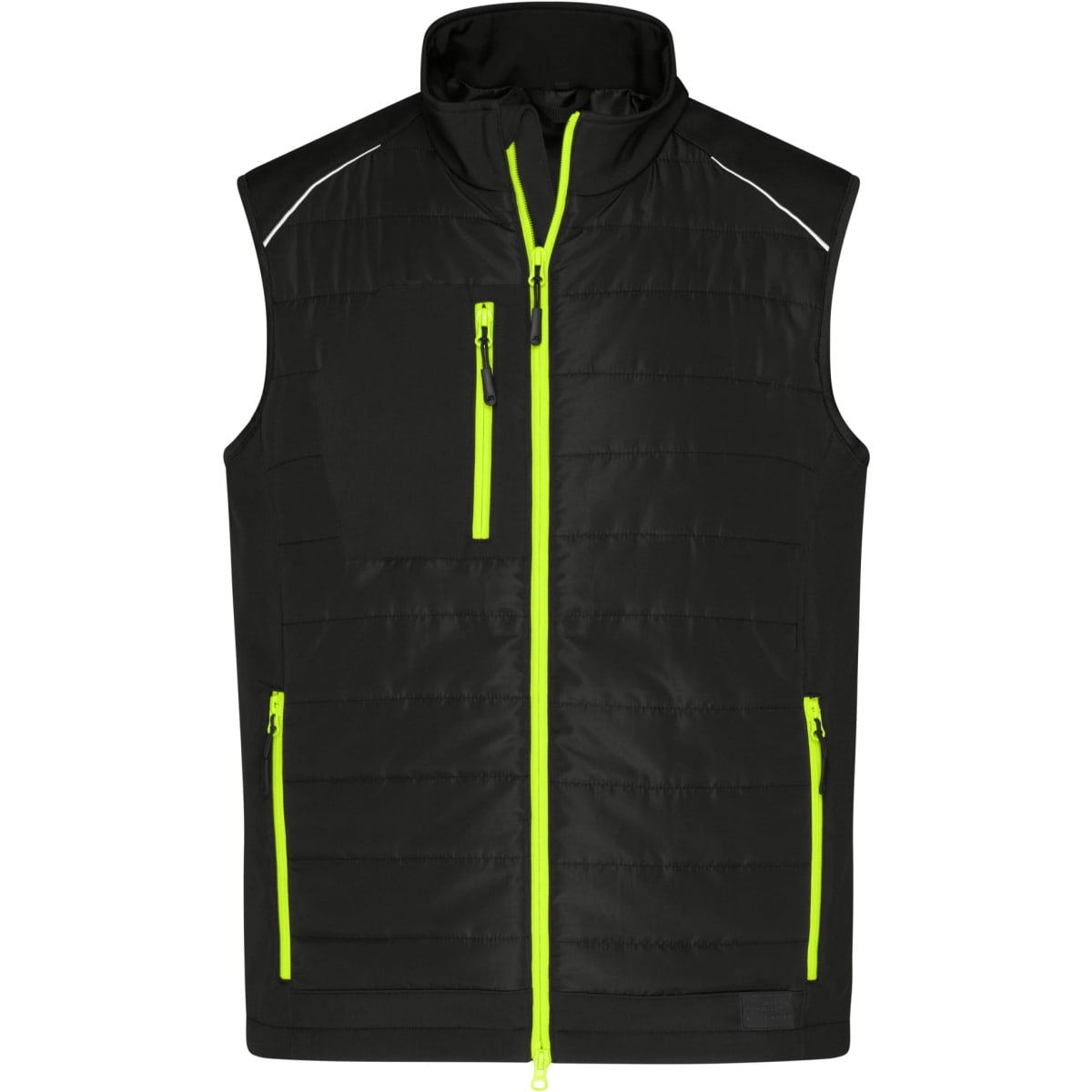 A black hybrid vest with neon green zippers and accents, featuring a front pocket and reflective details.
